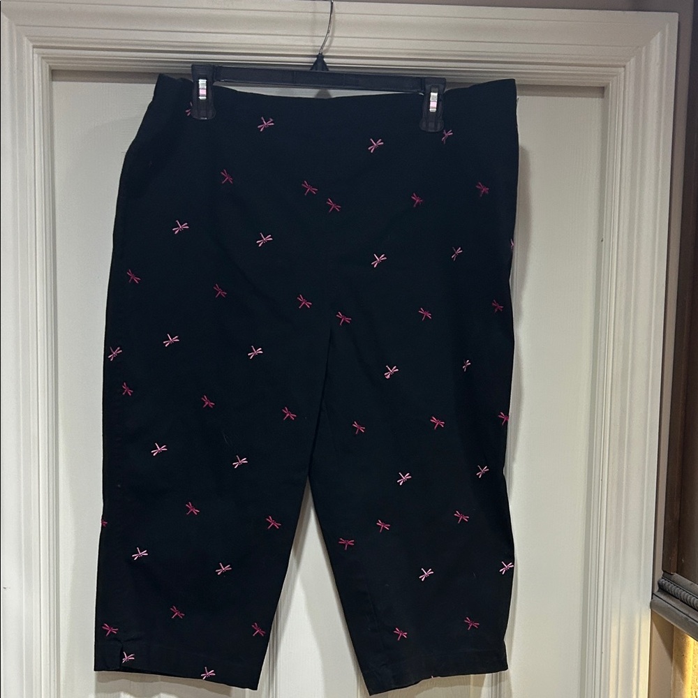 White Stag Black Capris with Dark and Light Pink Embroidered Dragonflies